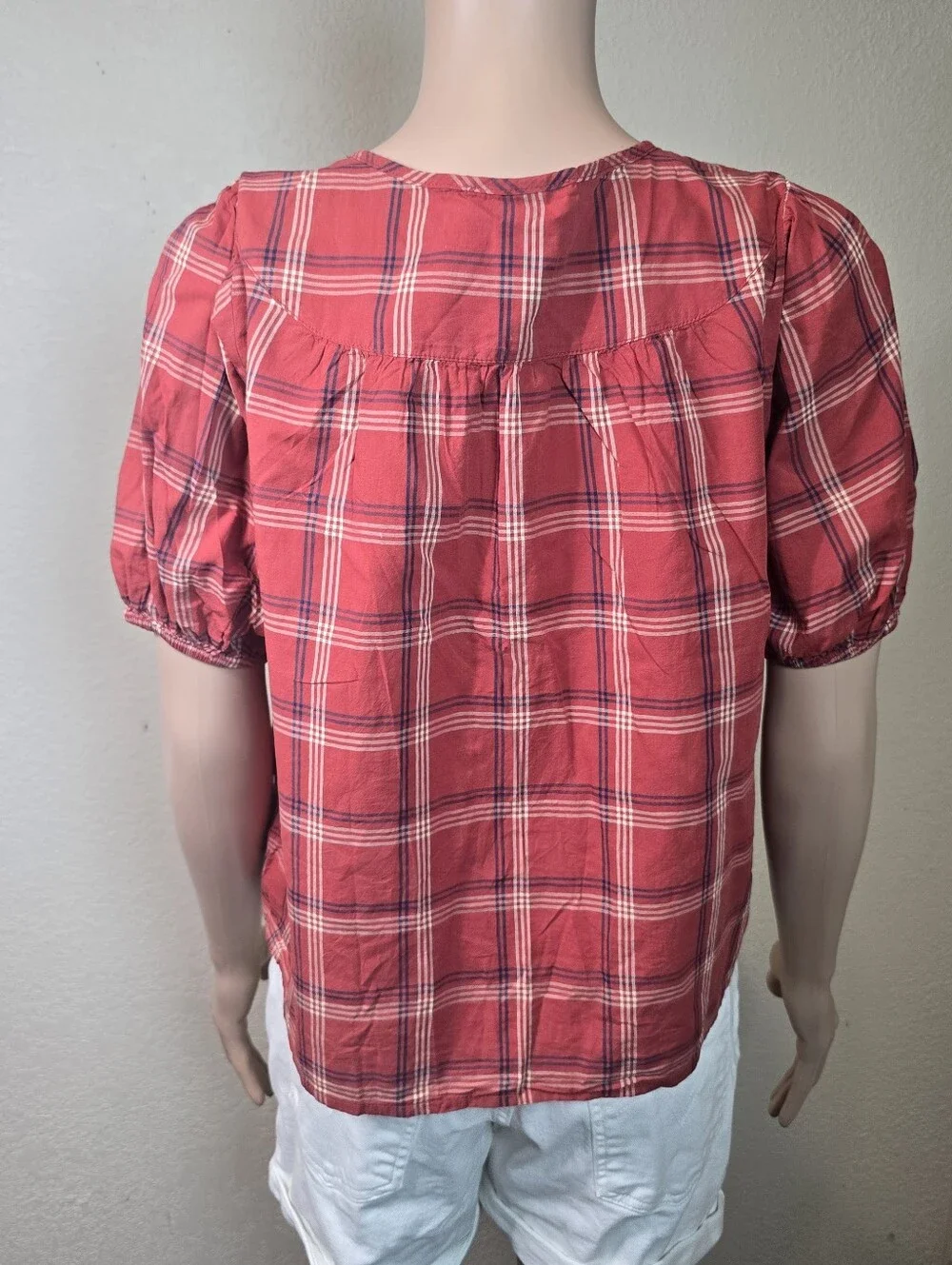 Madewell Red Plaid Short Sleeve Round Neck Lightweight Cotton Prose Shirt S